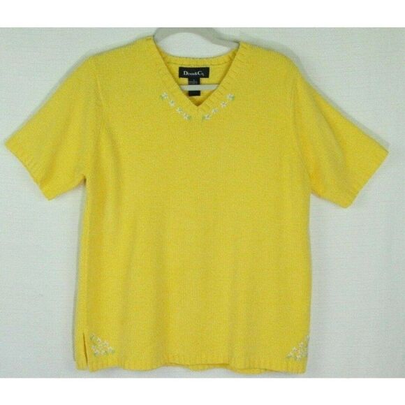Denim & Co Large Sweater V-Neck Embroidered Floral Short Sleeves Yellow Womens - Picture 1 of 7
